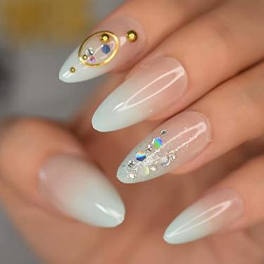 Imagem de Nude Light Blue French Press on Nails Comprimento Médio Amêndoa Acrílico Unhas Falsas 3D Strass Dicas de Arte de Unhas Falsas Kits de Manicure