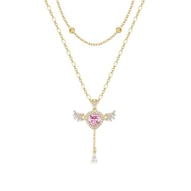 Imagem de TANTIUE Colar feminino de coração de anjo banhado a ouro 14 K, zircônia cúbica, asas de anjo, com asas ajustáveis, pingente delicado em camadas, corrente de presente, adjustable, Latão, Zircônia