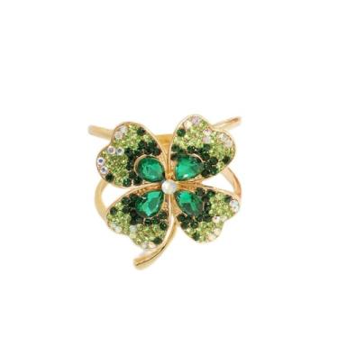 Imagem de Lenço de seda de trevo de quatro folhas verde strass clipe de anel para mulheres dourado delicado cristal flor cachecol slide fivela titular fecho sorte decoração acessórios vestido dia de São