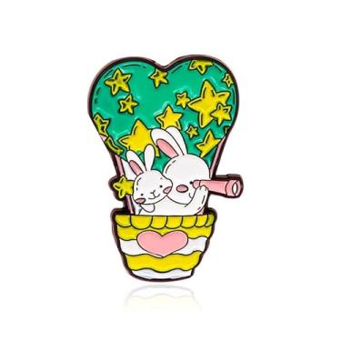 Imagem de Balão de ar quente, coelhinho obter telescópio, broche de desenho animado para mulheres, esmaltado, animais fofos, coelho, estrela, coração, broches, alfinetes, lapela, joias, presentes de Páscoa