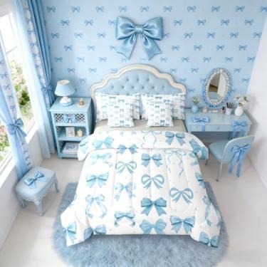 Imagem de Erosebridal Jogo de cama casal com laço azul e laço de princesa sonhadora, para quarto de crianças, adolescentes, mulheres, meninas, conjunto de cama kawaii, 7 peças, conjunto de cama de bolinhas