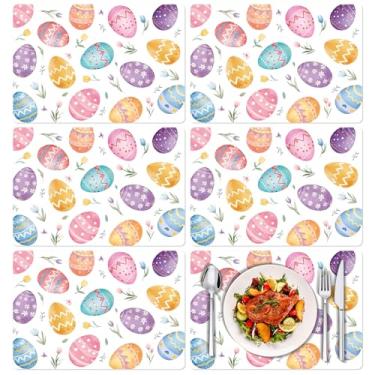 Imagem de Tarklanda Jogo americano de Páscoa, conjunto de 6, 28 x 40 cm, ovos coloridos de Páscoa, plástico, decorativo, flores silvestres, lavável, vinil, tapetes de mesa de jantar para cozinha, festas