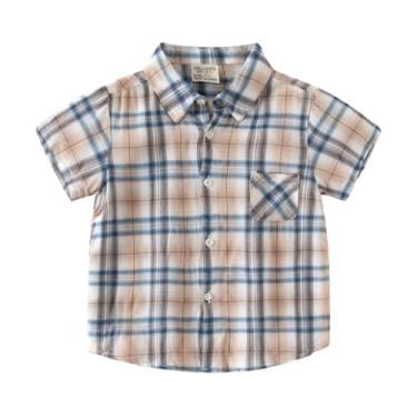 Imagem de Yueary Camiseta Toddle Boys manga curta gola lapela botão para baixo color block xadrez verão casual linda camiseta infantil bebê top, Cáqui, 120/4-5 Y