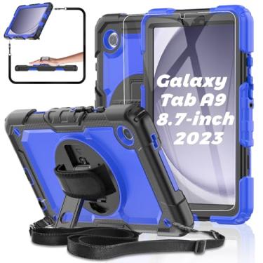 Imagem de Capa para tablet Samsung Galaxy Tab A9 de 8,7 polegadas 2023 com protetor de tela de vidro temperado, [à prova de crianças], capa protetora BASE MALL completa, suporte giratório/alça de ombro e