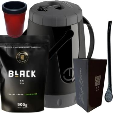Imagem de Kit Para Tereré Garrafa Lisa Black Erva Mate 500g Copo Cuia Quadrado Acrílico Bomba Clássica Preta (LEMON BLEND)
