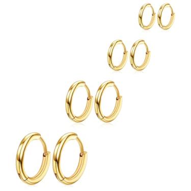 Imagem de 4 pares de brincos de argola masculinos de aço cirúrgico 316L, 8 mm, 10 mm, 12 mm, 14 mm, brincos, piercings, cartilagem, argola, hipoalergênicos, para mulheres e homens, 8mm, 10mm, 12mm, 14mm, Aço
