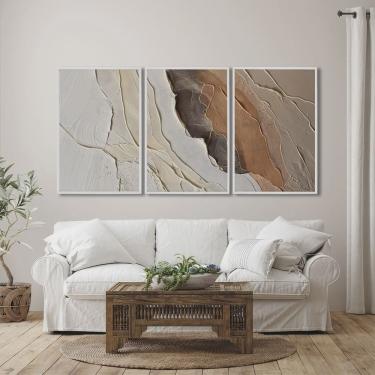 Imagem de Quadro Decorativo Modelo Rocha com 3 Telas para Sala, Casa de Praia, Lavabo 60cm X 90cm Com Vidro