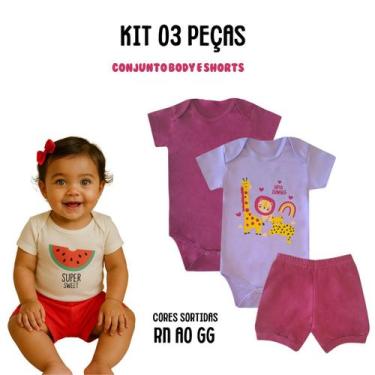 Imagem de Kit 3 peças Roupa Bebê Body shorts menino e menina Algodão c/ Elastano