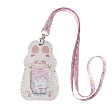 Imagem de Cordão de crachá fofo com desenho animado de coelhinho, porta-cartão de identificação, chaves Kawaii, cordão de pescoço, cordão de couro PU para mulheres, meninas e meninos (Bunny)