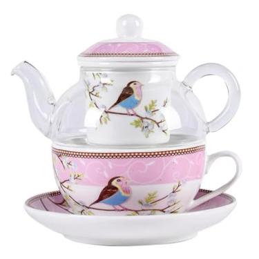 Imagem de YBK Tech Bule de vidro com um coador de infusor fino da China, conjunto de xícaras e pires com estampa de pássaro feliz, bule e xícara de chá para um (rosa)
