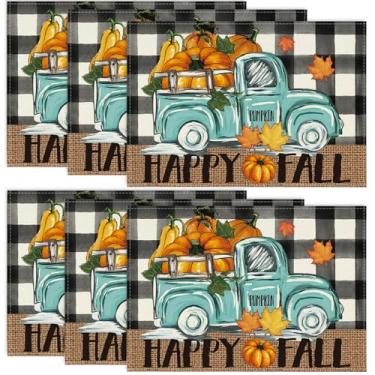 Imagem de Niviy Jogo americano Buffalo xadrez xadrez abóbora caminhão outono conjunto de 6, 30,5 x 45,7 cm tapetes de mesa de outono de Ação de Graças para decoração de festas de fim de ano, cozinha, sala de