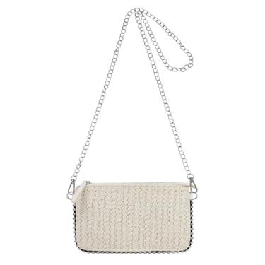 Imagem de WisePoint Bolsa transversal leve de palha, bolsas de telefone trançadas para mulheres, bolsa pequena sobre o ombro com zíper para compras, Branco, Small