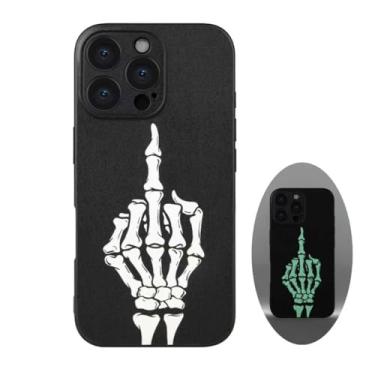 Imagem de Capa de telefone caveira para iPhone 16 Pro Max, dedo médio, esqueleto legal gótico ousado emo design luminoso, estilo rock n roll, ilumina no escuro, acabamento de couro (iPh 16 Pro Max-Middle Dedo)