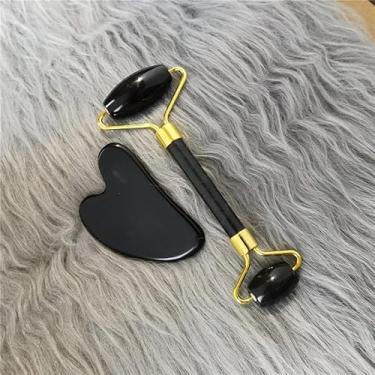 Imagem de Conjunto de rolo facial e Gua Sha – ferramentas faciais pretas para inchaço e vermelhidão, reduzindo a rotina de cuidados com a pele
