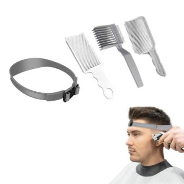 Imagem de Kit de pente de corte de cabelo, 4 peças, cinza, curvado, gradiente, branco, aparador plano e pentes, faixa de silicone ajustável para barbeiros domésticos e família cinza