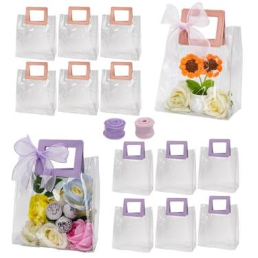 Imagem de KUAOOAUK 12 sacos de presente transparentes com alças, sacos de presente de plástico transparente, saco de presente de PVC transparente resistente com 2 sacos de compras reutilizáveis de fita para