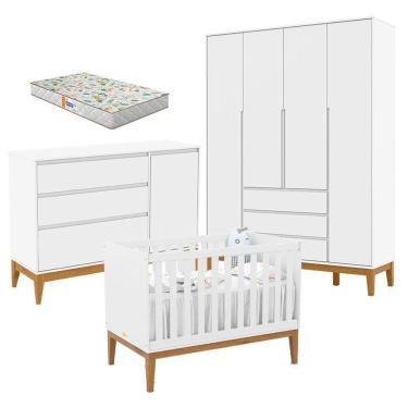 Imagem de Quarto De Bebê Nature Clean 4 Portas Com Berço Unique Branco Soft Eco Wood E Colchão Gazin - Matic