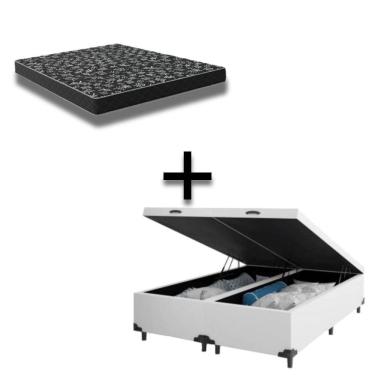 Imagem de Cama Box Baú Casal 138 Bipartido Tecido Sintético Branco Com Colchão Espuma D20 - Tampo Preto Bello Box 12cm