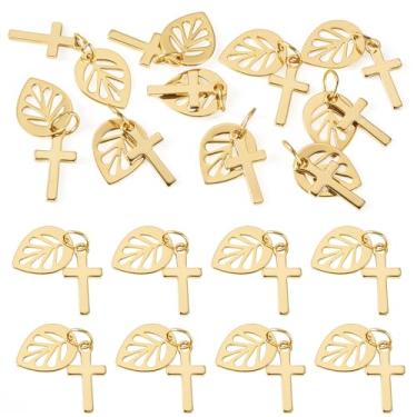 Imagem de Boutigem Pingentes de crucifixo dourado banhado a ouro 18 K com pingente de cruz de metal banhado a ouro 18 K com anéis de salto para colar, brinco, pulseira, fabricação de joias faça você mesmo