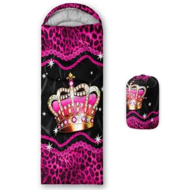 Imagem de QOOMO Sacos de dormir para acampamento com estampa de leopardo e coroa rosa, clima quente e frio, leve, sacos de dormir à prova d'água para adultos e crianças, viagens e ao ar livre, equipamentos de