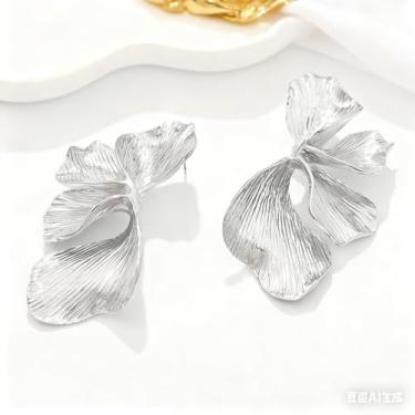 Imagem de Brincos grossos banhados a ouro 14 K / prata para mulheres, brincos de flores setoriais, brincos grandes, hipoalergênicos, acessórios de ouro/prata, joias presentes para mulheres, Medium, Metal, Sem