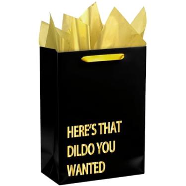 Imagem de WRAPAHOLIC Sacos de presente de aniversário engraçados de 33 cm com papel de seda - Sacos de papel dourados pretos "Here That Dildo You Wanted para embrulho de aniversário, adultos, homens e mulheres