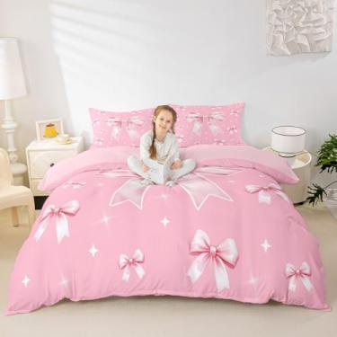 Imagem de Erosebridal Capa de edredom com laço rosa sonhador borboleta nó queen conjunto de cama feminino fita princesa conjunto de cama para crianças meninas mulheres fantasia estrelas brancas capa de colcha 3