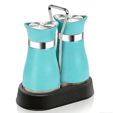 Imagem de Conjunto de 2 peças de saleiro e pimenteiro com suporte – Saleiro e pimenta modernos recarregáveis, recipientes de 118 ml (azul)
