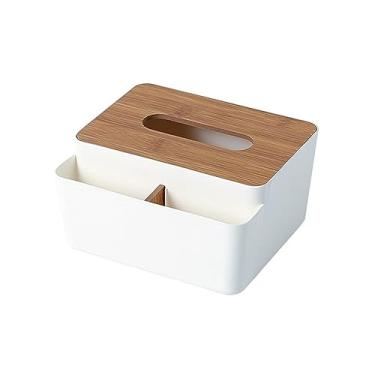 Imagem de Porta-lenços de plástico caixa de lenços de madeira caixa de armazenamento de papel de mesa para sala de estar caixa de papel toalha organizadora caixa de lenços (branca)