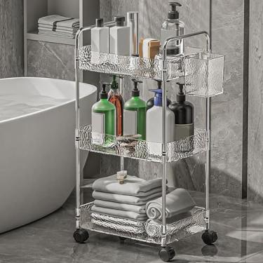 Imagem de Carrinho de armazenamento de acrílico de 2 a 4 camadas com rodas bloqueáveis e cesta suspensa removível, carrinho organizador de unidade de prateleiras móveis, transparente, 36 cm C x 26 cm L x 68 cm
