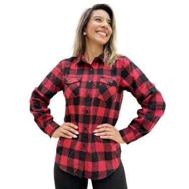 Imagem de Camisa Xadrez Flanelada Manga Longa Feminina Com Bolso Blusa COR:VERME