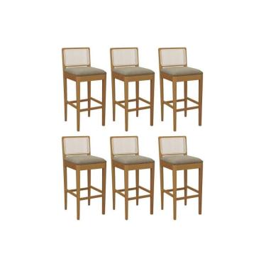 Imagem de Banqueta Cozinha Sara 1bmm005ca Premium Madeira Maciça Kit 6 Un Carvalho/boucle Bege Fendi/tela Bege - Kappesberg