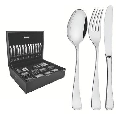 Imagem de Faqueiro Tramontina Mônaco 130 Pçs Aço Inox Facas De Mesa Forjadas Brilho Estojo De Madeira 66917227