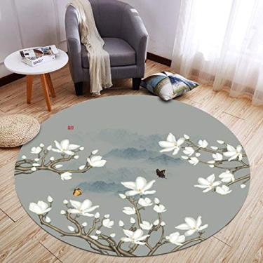 Imagem de Tapete redondo de pelo baixo, estilo clássico, antiderrapante, lavável com estampa de flor, tapete estampado para sala de estar, quarto, sala de estudo, quarto das crianças, varanda, sofá, casaco, 80 cm