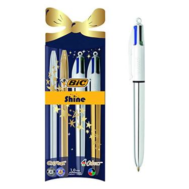 Imagem de BIC Shine – Conjunto de canetas esferográficas para presente de Natal – Pacote com 4 canetas (4 cores e cristal) com tubos brilhantes dourados e prateados – Tinta azul e preta