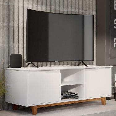 Imagem de Rack Bancada Flow 2 Portas Com Pés de Madeira Maciça Branco/Freijo