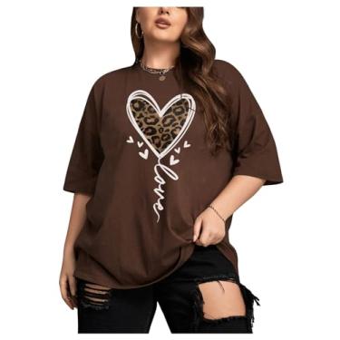 Imagem de WDIRARA Camiseta feminina plus size com estampa gráfica de coração e gola redonda meia manga, Marrom chocolate, XXG Plus Size