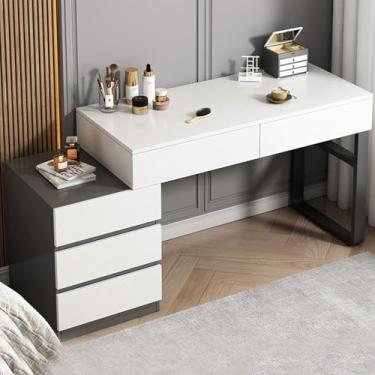 Imagem de WFJHZH Penteadeira de Maquiagem com 5 Gavetas, Muito Armazenamento, Penteadeira com Armário Lateral Retrátil, Bancada Espaçosa para Quarto, Mulheres, Meninas Adolescentes, Cinza