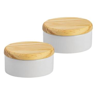 Imagem de Kit 2 porta joia porcelana tampa madeira potinho louça 8,5cm - Loja Bo