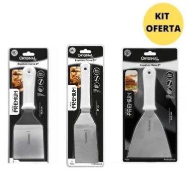 Imagem de Kit 3 Espatulas Inox Reta E Curva P/ Lanches Chapa Cozinha - Original 