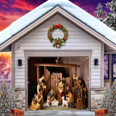 Imagem de Decoração de porta de garagem de Natal presépio pano de fundo, faixa de cobertura de porta de garagem nascimento de Jesus, cena de noite sagrada de Natal, grande pendurado 2,1 x 2,4 m, capa de porta