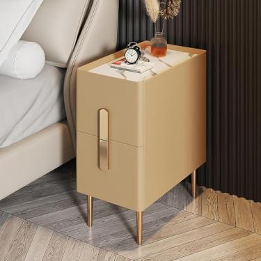 Imagem de Mesa de cabeceira fina com 2 gavetas, mesa de cabeceira de couro sintético moderna e minimalista com pernas de metal, armário de cabeceira para espaços estreitos nos quartos, cáqui, 25 x 40 x 50 cm