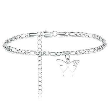 Imagem de TONY & SANDY Bracelete com inicial borboleta banhado a ouro 18 k tornozeleira com letra alfabeto gravado aço inoxidável Figaro Link Chain personalizado ajustável joias descalço para mulheres adolescentes, 8.5 Inches + 2 Inches, Aço inoxidável, Sem pedras preciosas