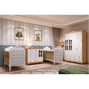 Imagem de Quarto de Bebê Guarda-roupa Cômoda Janelado 2 Berços Capitonê Maya Clássico 100% Mdf Espresso Móveis Branco Brilho/Amêndoa/Branco