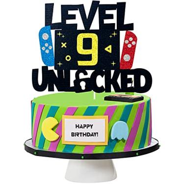 Imagem de Topo de bolo nível 9 desbloqueado para videogame – Nível 9 Desbloqueado Incrível 2012 Topo de bolo de aniversário para meninos – Decorações de bolo de aniversário de 9 anos de videogame