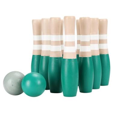 Imagem de Sterling Sports Wooden Lawn Bowling 9" Skittles Set with Carrying Mesh Bag for Indoors and Outdoors - 10 Wooden Pins and 2 Balls, Green/Turquoise and Gray