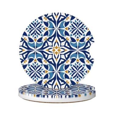 Imagem de Neukim Pacote com 2 porta-copos de carro em azulejo boho azul dourado, porta-copos absorvente de cerâmica antiderrapante de 6 cm com base de cortiça e entalhe de dedo, acessórios de carro interiores
