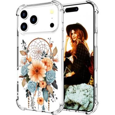 Imagem de Hungo Capa compatível com Iphonewomen Pro Max, fina e fofa designer feminina com protetor de airbag para mulheres e meninas (flores transparentes do apanhador de sonhos)