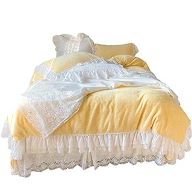 Imagem de Estilo princesa renda dupla face veludo quatro peças grosso cor sólida lençol de cama outono e inverno capa de edredom roupa de cama (cor: amarelo, tamanho: 2 m) (amarelo 1,8 m)