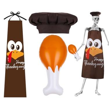 Imagem de Conjunto de 3 peças de fantasia de esqueleto gigante de 3 m, avental de peru, chapéu de cozinha e perna de peru inflável, acessórios de esqueleto de ação de graças para festas de fim de ano, pátio